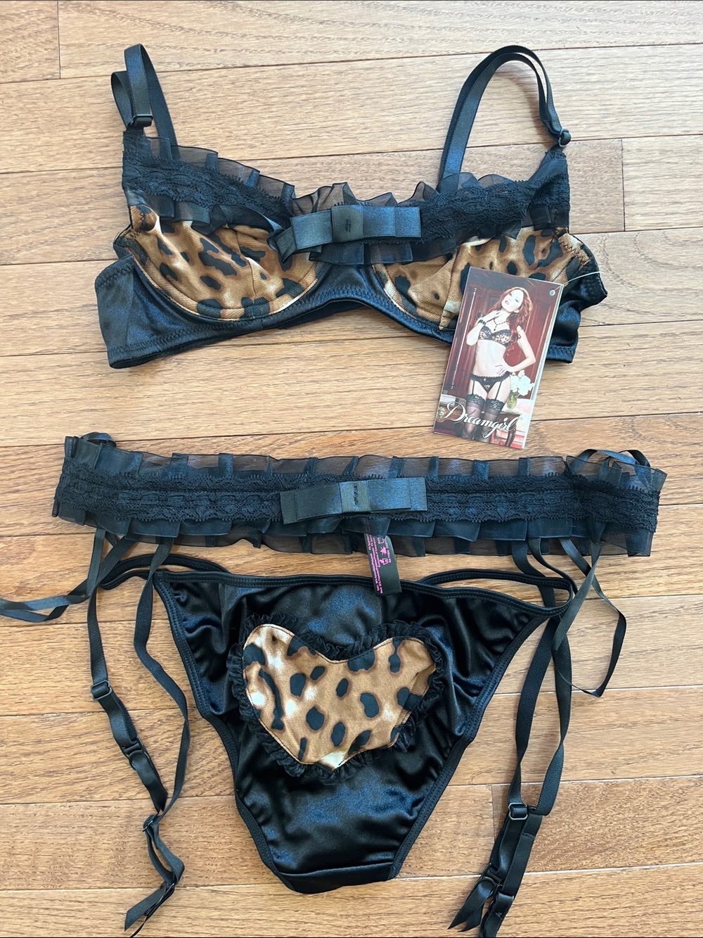 Dreamgirl Black Satin and Leopard Three-Piece Lingerie Set